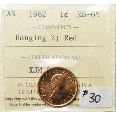 SOLD Canada 1962 Hanging '2' 1 Small Cent Coin - ICCS MS-65 Red
