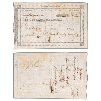 SOLD Argentina Confederacion 1859 (1860) 20 Twenty Pesos Note - EF