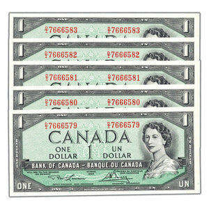 SOLD $1 1954 Bank of Canada Notes D/I Prefix BC-37d - 5 Consecutive Choice Uncirculated