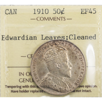 SOLD Canada 1910 Edwardian Leaves 50 Cents Half Dollar Silver Coin - ICCS EF-45