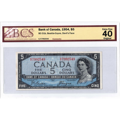 SOLD $5 1954 Bank of Canada Note Devil Face E/C Prefix BC-31b - BCS EF-40