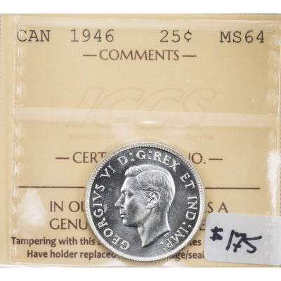 SOLD Canada 1946 25 Cents Quarter Silver Coin - ICCS MS-64