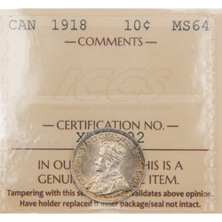 Encapsulated 1918 Canada 10 Cents silver dime coin graded MS-64 by ICCS with certification tag XYP 702, showing King George V crowned portrait and reverse maple wreath with crown.