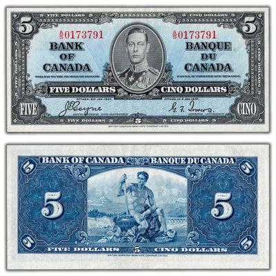 SOLD $5 1937 Bank of Canada Note Coyne-Towers A/S Prefix BC-23c - Nice EF/AU
