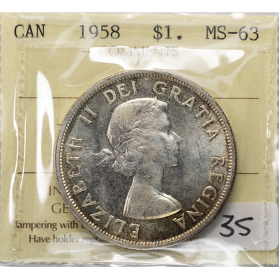 SOLD Canada 1958 $1 Silver Dollar Coin - ICCS MS-63