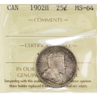 SOLD Canada 1902-H 25 Cents Quarter Silver Coin - ICCS MS-64
