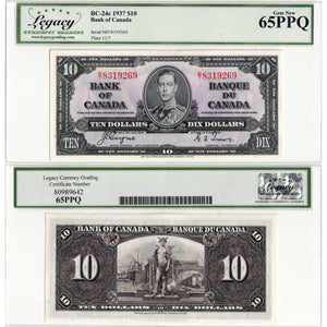 SOLD $10 1937 Bank of Canada Note Coyne-Towers B/T Prefix BC-24c - Legacy Gem UNC-65 PPQ