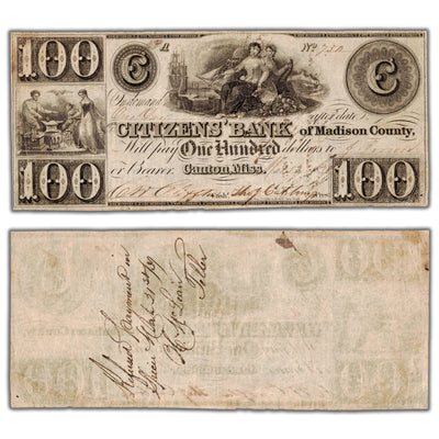 United States 1838 $100 Citizens Bank of Madison County Canton MS Obsolete Note