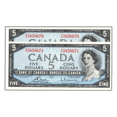 SOLD $5 1954 Bank of Canada Notes T/X Prefix BC-39c - 2 Consecutive Choice UNC