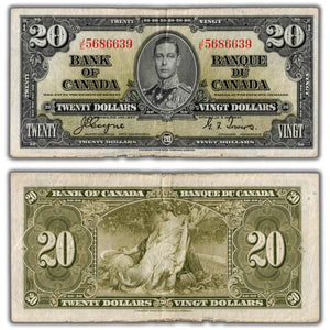 SOLD $20 1937 Bank of Canada Note Coyne-Towers J/E Prefix BC-25c - Rough Bottom