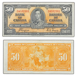 SOLD $50 1937 Bank of Canada Note Coyne-Towers B/H Prefix BC-26c - Cleaned