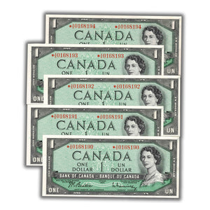 SOLD $1 1954 Bank of Canada Notes *A/A Replacement Prefix BC-37bA - 5 Consecutive