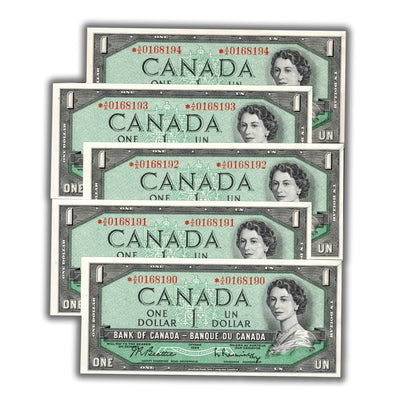 SOLD $1 1954 Bank of Canada Notes *A/A Replacement Prefix BC-37bA - 5 Consecutive