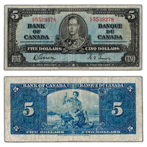 SOLD $5 1937 Bank of Canada Note Gordon-Towers E/C Prefix BC-23b - Edge Tear