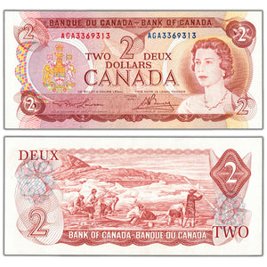 SOLD $2 1974 Bank of Canada Note Lawson-Bouey AGA Prefix BC-47a-i - AU-58