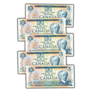SOLD $5 1979 Bank of Canada Notes Lawson-Bouey BC-53a - 5 Consecutive AU