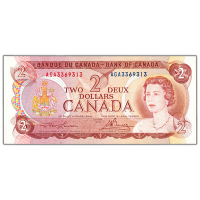 SOLD $2 1974 Bank of Canada Note Lawson-Bouey AGA Prefix BC-47a-i - AU-58