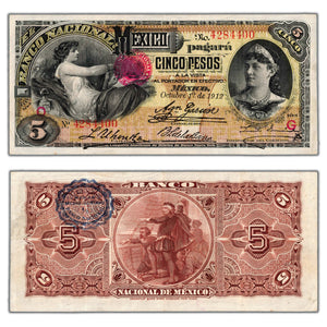 SOLD Mexico El Banco Nacional 1912 5 Five Pesos Note P #S257c - VF+
