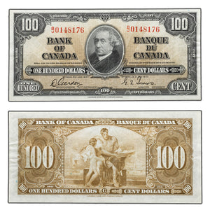 SOLD $100 1937 Bank of Canada Note Gordon-Towers B/J Prefix BC-27b - About EF