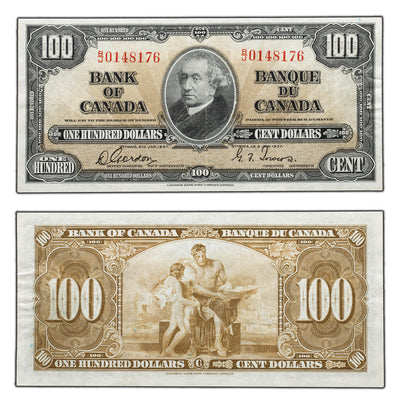 SOLD $100 1937 Bank of Canada Note Gordon-Towers B/J Prefix BC-27b - About EF