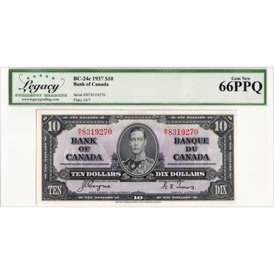 $10 1937 Bank of Canada Note Coyne-Towers B/T Prefix BC-24c - Legacy Gem UNC-66 PPQ