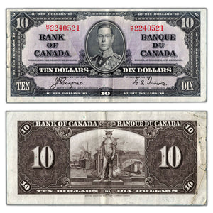 SOLD $10 1937 Bank of Canada Note Coyne-Towers K/T Prefix BC-24c - VF+ (tear/hole)