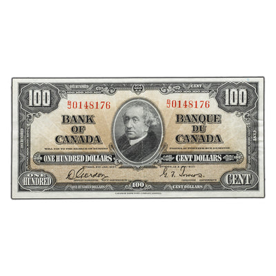 SOLD $100 1937 Bank of Canada Note Gordon-Towers B/J Prefix BC-27b - About EF