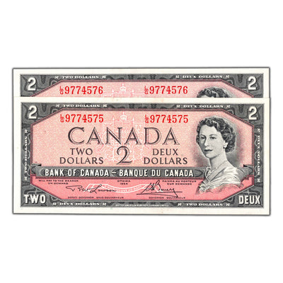 $2 1954 Bank of Canada Notes L/G Prefix BC-38d - 2 Consecutive AU/UNC