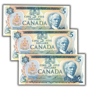 SOLD $5 1979 Bank of Canada Note Lawson-Bouey BC-53a - 3 Consecutive AU/UNC
