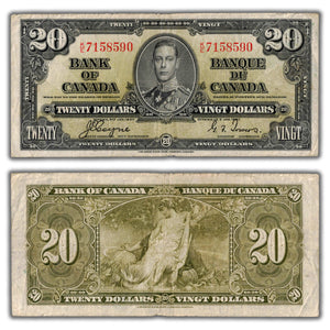 SOLD $20 1937 Bank of Canada Note Coyne-Towers K/E Prefix BC-25c - F/VF