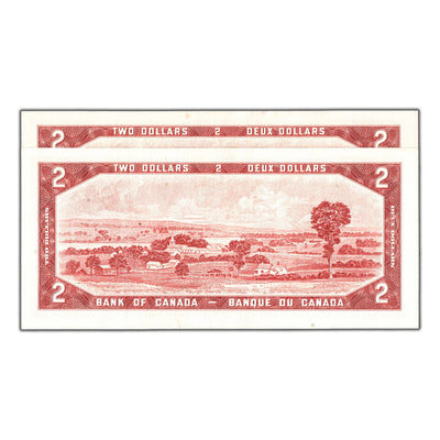 $2 1954 Bank of Canada Notes L/G Prefix BC-38d - 2 Consecutive AU/UNC