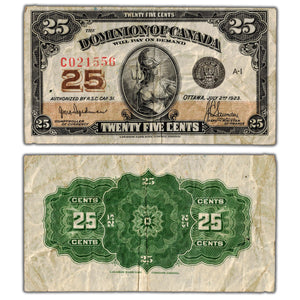 SOLD 25 Cents 1923 Dominion of Canada Shinplaster Note DC-24a - F/VF (small hole)