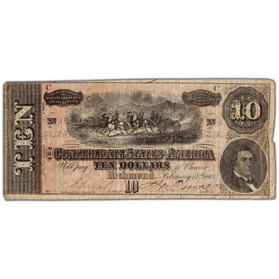SOLD United States 1864 $10 Confederate States of America Note - Circulated