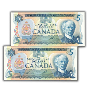 SOLD $5 1979 Bank of Canada Note Lawson-Bouey BC-53a - 2 Consecutive - AU/UNC