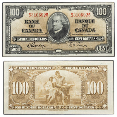 SOLD $100 1937 Bank of Canada Note Gordon-Towers B/J Prefix BC-27b - Tiny Edge Tear