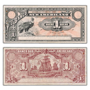 SOLD Ecuador El Banco Sur Americano 1920 One Sucre Remainder Note P #S251 - Circulated