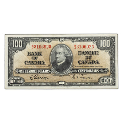 SOLD $100 1937 Bank of Canada Note Gordon-Towers B/J Prefix BC-27b - Tiny Edge Tear