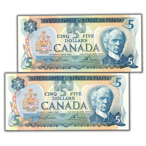 SOLD $5 1979 Bank of Canada Note Lawson-Bouey BC-53a - 2 Consecutive AU/UNC