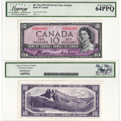 $10 1954 Bank of Canada Note Devil Face A/D Prefix BC-32a - Legacy Ch UNC-64 PPQ