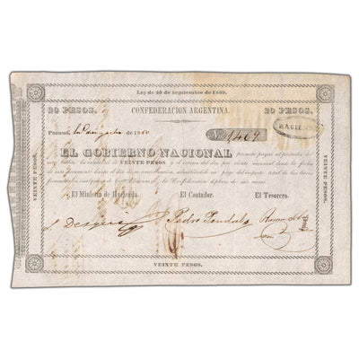 SOLD Argentina Confederacion 1859 (1860) 20 Twenty Pesos Note - EF