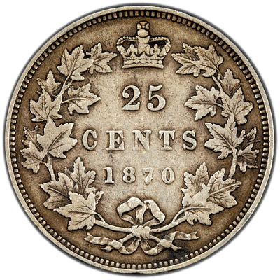 Canada 1870 Obverse #1 25 Cents Quarter Silver Coin - Fine