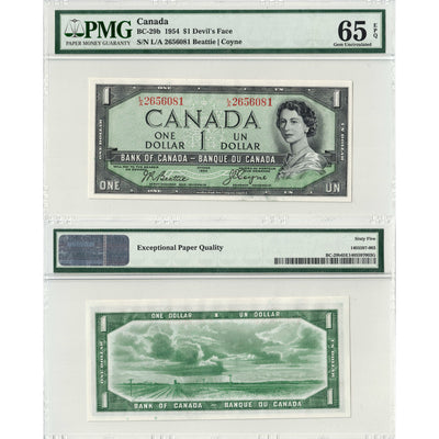 $1 1954 Bank of Canada Note Devil Face L/A Prefix BC-29b - PMG Gem UNC-65 EPQ