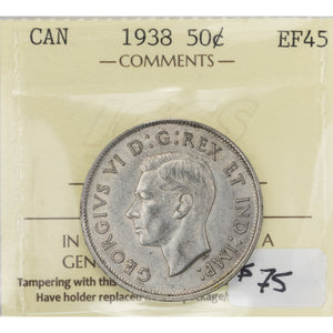 SOLD Canada 1938 50 Cents Half Dollar Silver Coin - ICCS EF-45