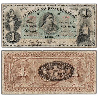 SOLD Peru El Banco Nacional 1877 1 One Sol Note P #S321 - Minor Pinholes