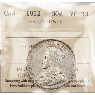 SOLD Canada 1912 50 Cents Half Dollar Silver Coin - ICCS VF-30
