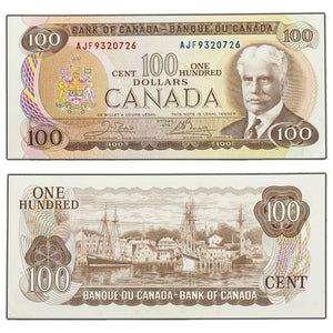 SOLD $100 1975 Bank of Canada Note Crow-Bouey AJF Prefix BC-52b - AU/UNC