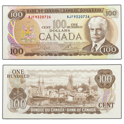 SOLD $100 1975 Bank of Canada Note Crow-Bouey AJF Prefix BC-52b - AU/UNC