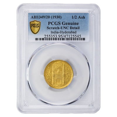 SOLD India Hyderabad AH1349/20 (1930) 1/2 Ashrafi Gold Coin Y #56 - PCGS UNC Detail Scratch