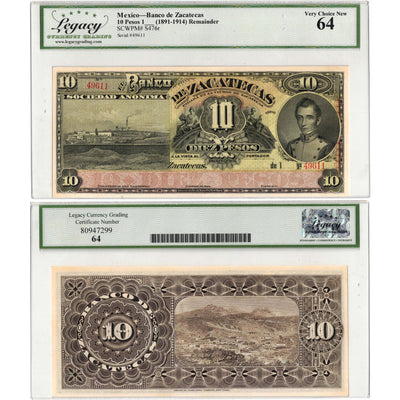 SOLD Mexico Banco de Zacatecas 1891-1914 10 Pesos Remainder Note P #S476r - Legacy UNC-64