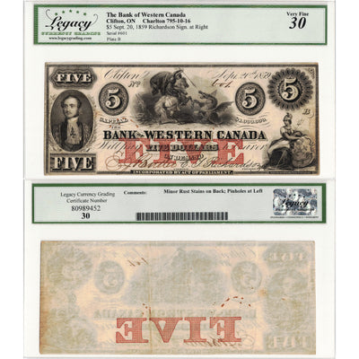 $5 1859 Bank of Western Canada Chartered Note #795-10-16 - Legacy VF-30